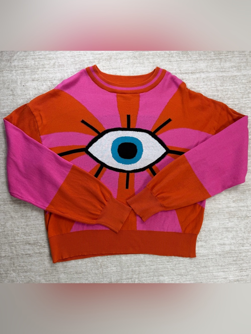 OXKNIT Eye See All Graphic Knit Crewneck Pop Art Pink Orange Cotton Sweater